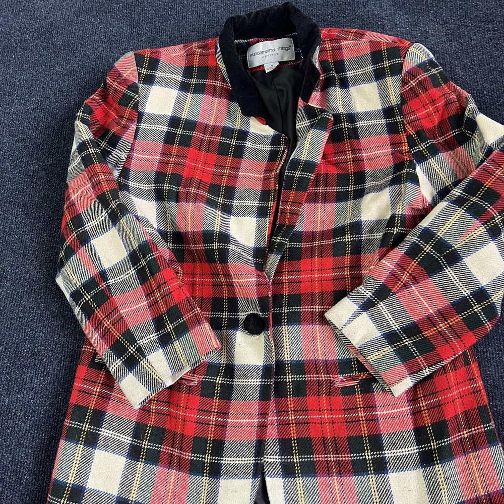 Fundamental Things Blazer Womens 4 Petite Red Tartan‎ Plaid Velvet Collar Jacket